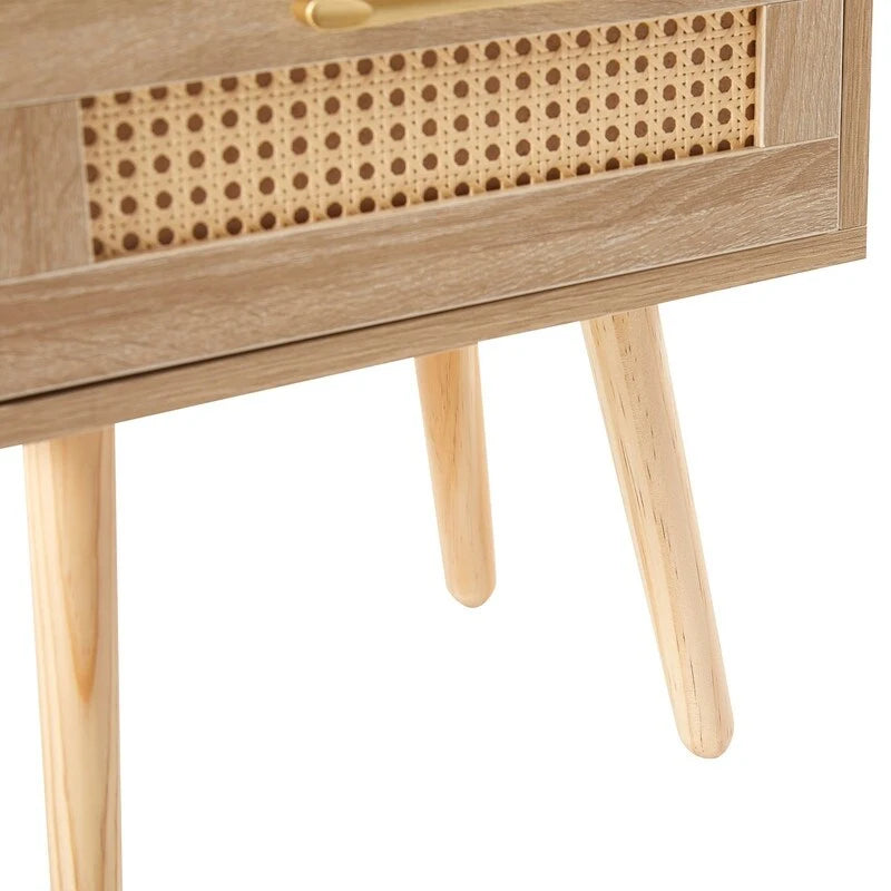 Nightstand with Charging Station, Rattan Drawer and Solid Wood Legs