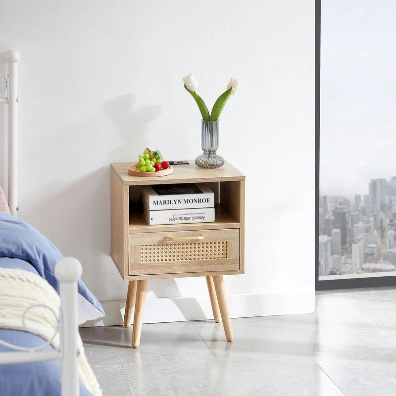 Nightstand with Charging Station, Rattan Drawer and Solid Wood Legs
