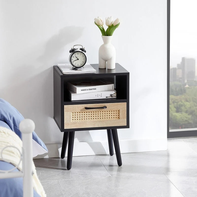 Nightstand with Charging Station, Rattan Drawer and Solid Wood Legs