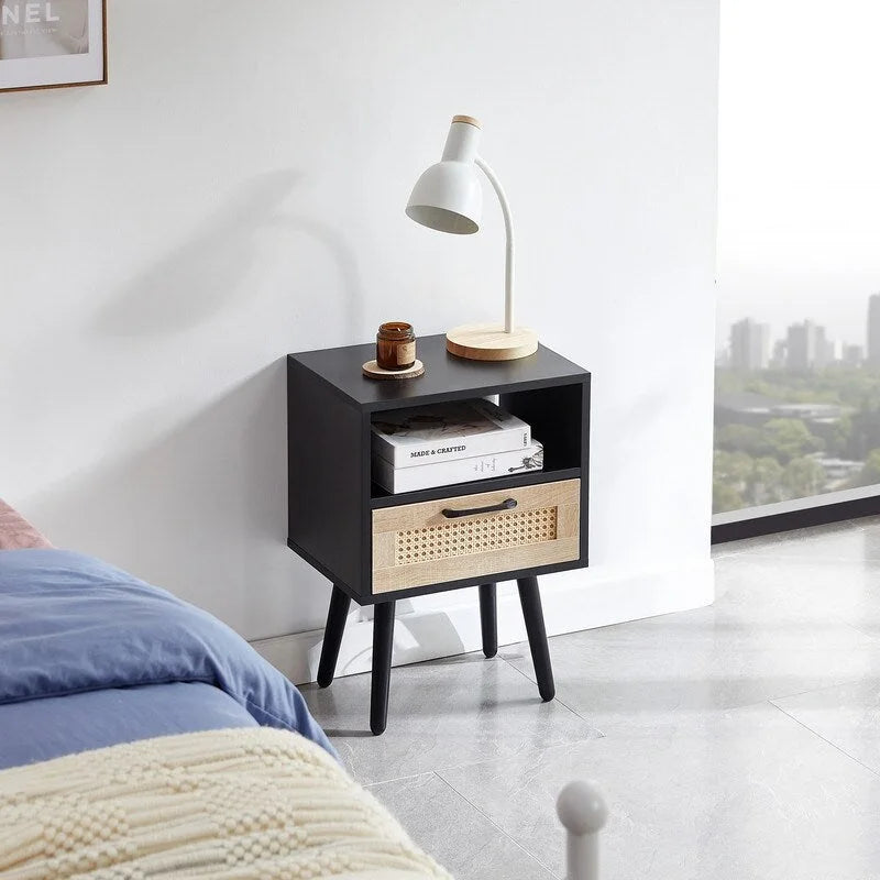 Nightstand with Charging Station, Rattan Drawer and Solid Wood Legs