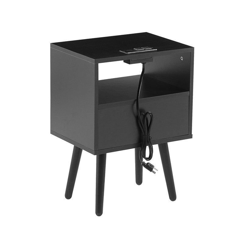 Nightstand with Charging Station, Rattan Drawer and Solid Wood Legs