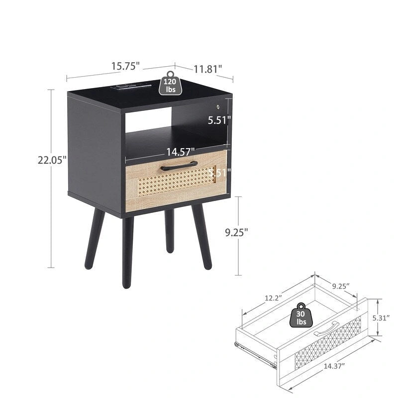 Nightstand with Charging Station, Rattan Drawer and Solid Wood Legs