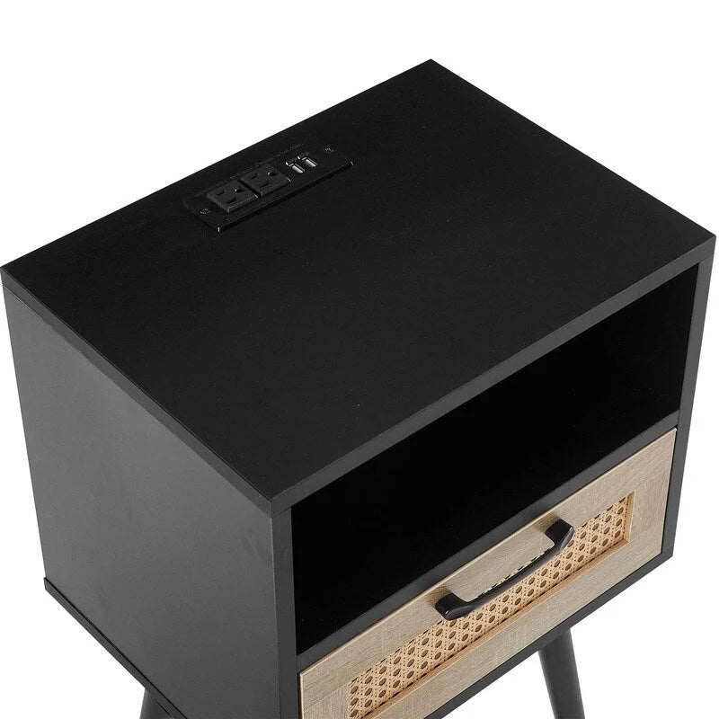 Nightstand with Charging Station, Rattan Drawer and Solid Wood Legs