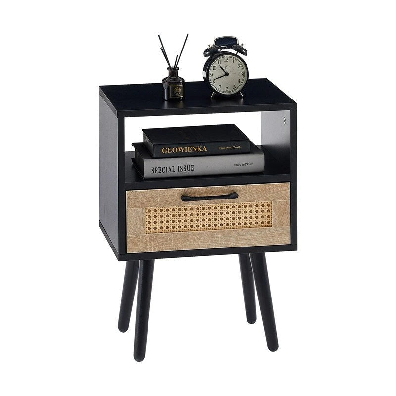 Nightstand with Charging Station, Rattan Drawer and Solid Wood Legs