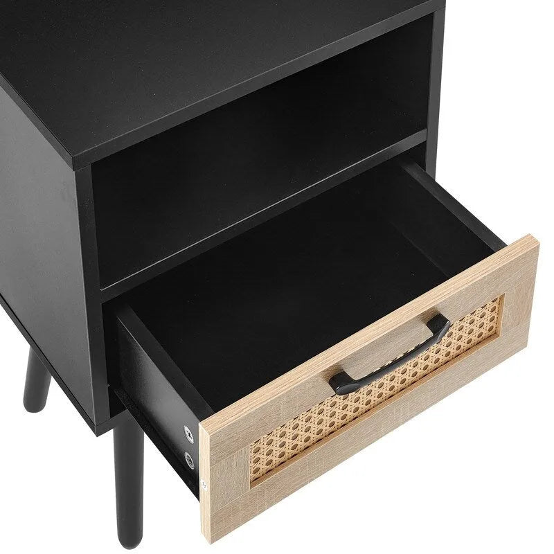 Nightstand with Charging Station, Rattan Drawer and Solid Wood Legs