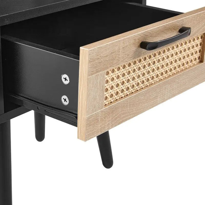 Nightstand with Charging Station, Rattan Drawer and Solid Wood Legs