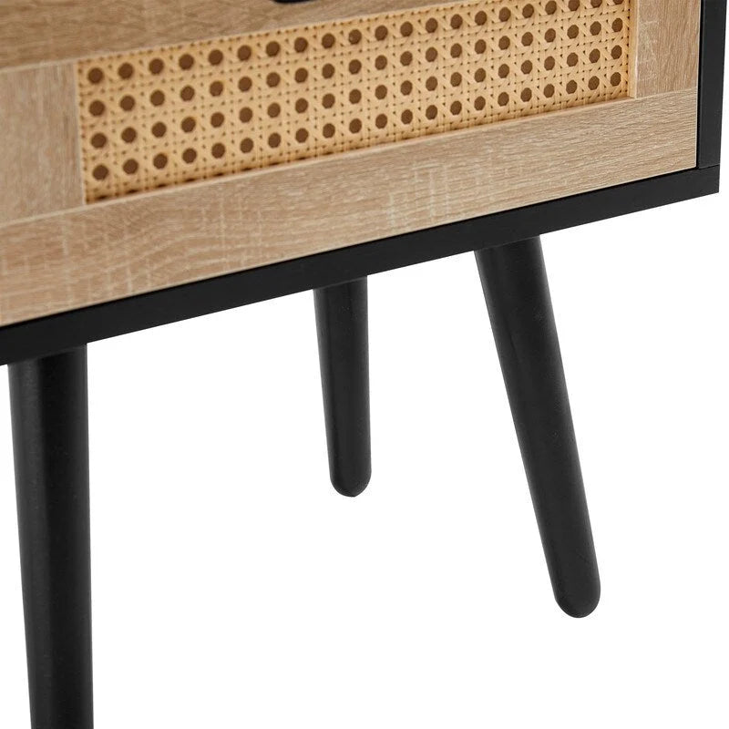 Nightstand with Charging Station, Rattan Drawer and Solid Wood Legs