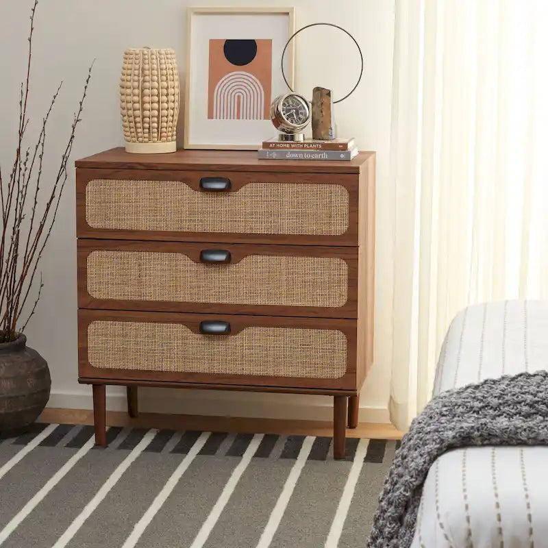 3-Drawer Chest with Rattan Mesh Front and Metal Pulls