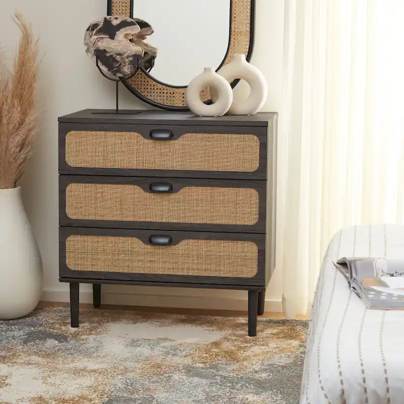 3-Drawer Chest with Rattan Mesh Front and Metal Pulls