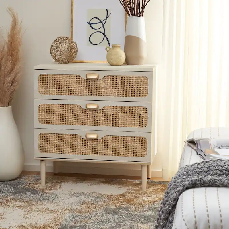 3-Drawer Chest with Rattan Mesh Front and Metal Pulls