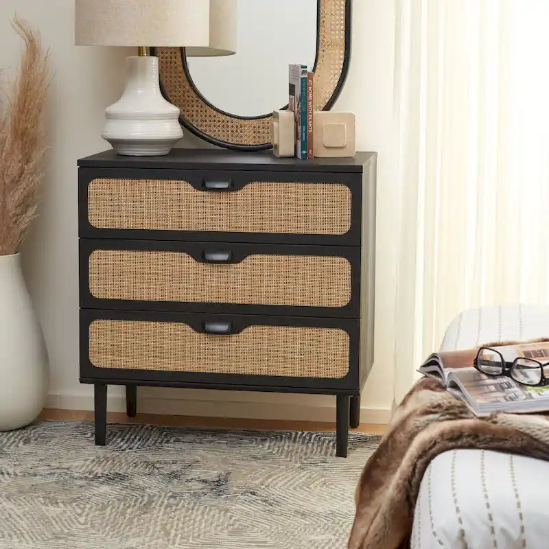 3-Drawer Chest with Rattan Mesh Front and Metal Pulls