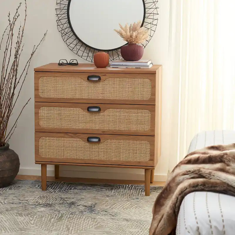 3-Drawer Chest with Rattan Mesh Front and Metal Pulls