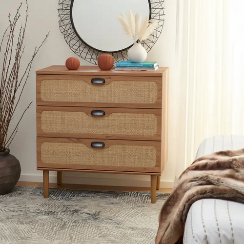 3-Drawer Chest with Rattan Mesh Front and Metal Pulls