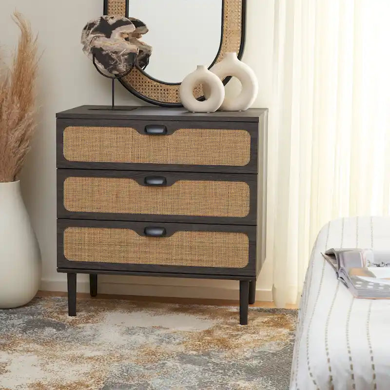 3-Drawer Chest with Rattan Mesh Front and Metal Pulls