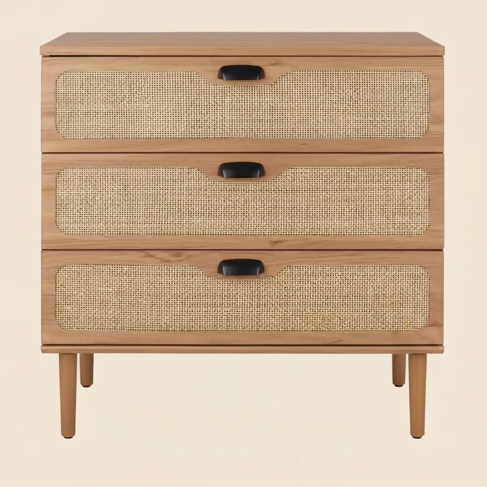 3-Drawer Chest with Rattan Mesh Front and Metal Pulls