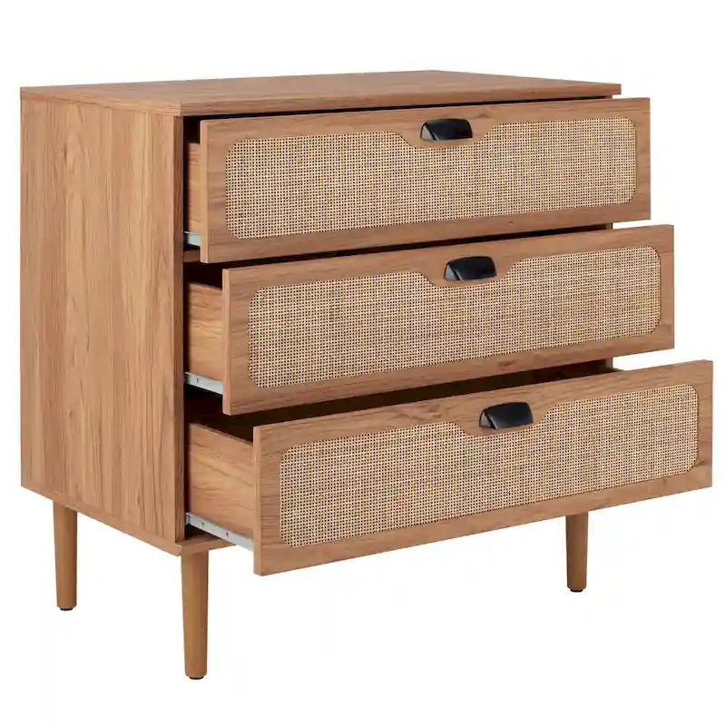 3-Drawer Chest with Rattan Mesh Front and Metal Pulls
