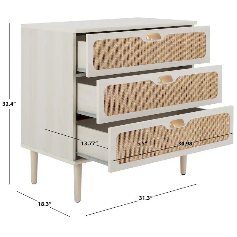 3-Drawer Chest with Rattan Mesh Front and Metal Pulls