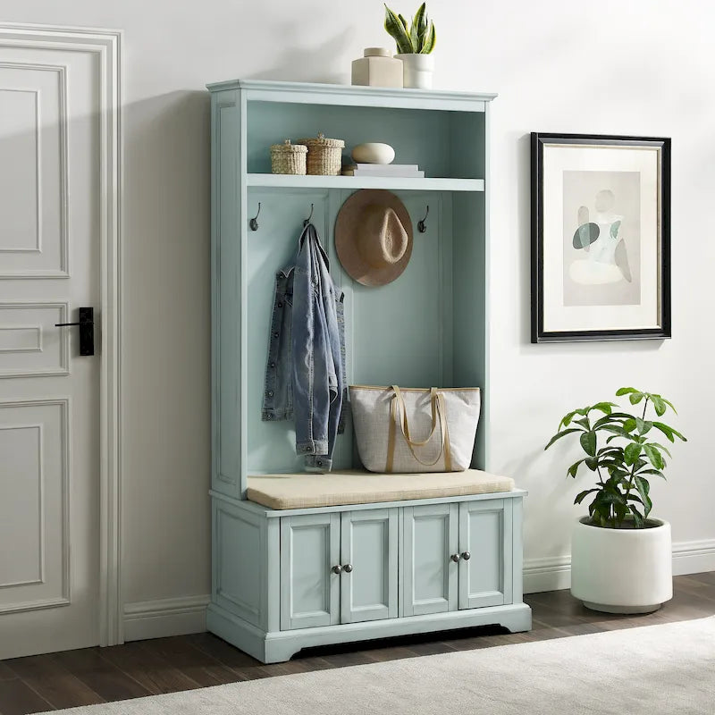 Hall Tree with Bench, 4 Hooks, 2 Storage Cabinets and Open Shelf
