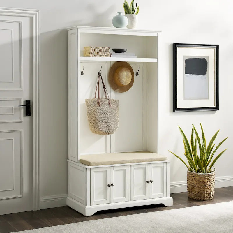 Hall Tree with Bench, 4 Hooks, 2 Storage Cabinets and Open Shelf