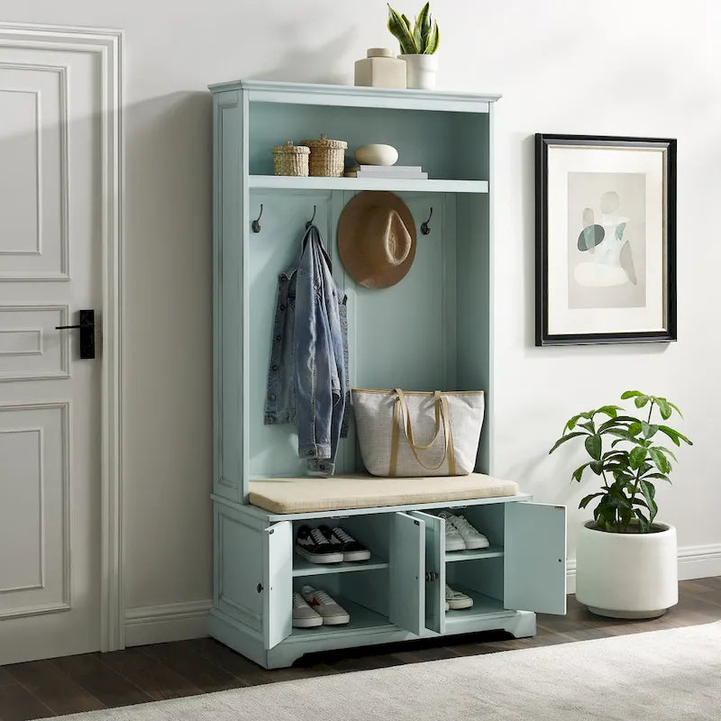 Hall Tree with Bench, 4 Hooks, 2 Storage Cabinets and Open Shelf