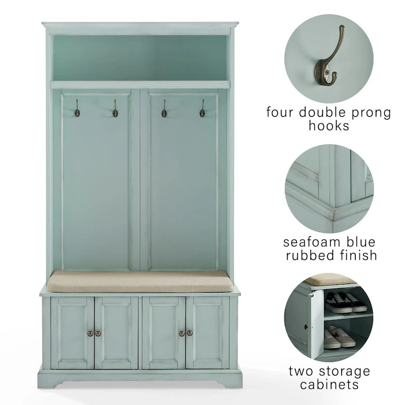 Hall Tree with Bench, 4 Hooks, 2 Storage Cabinets and Open Shelf