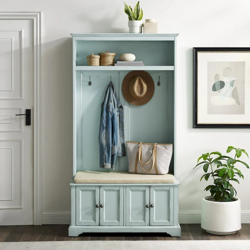 Hall Tree with Bench, 4 Hooks, 2 Storage Cabinets and Open Shelf