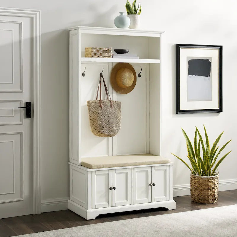 Hall Tree with Bench, 4 Hooks, 2 Storage Cabinets and Open Shelf