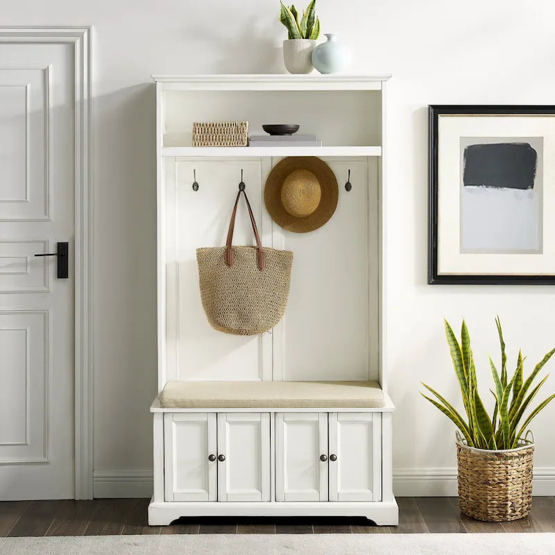 Hall Tree with Bench, 4 Hooks, 2 Storage Cabinets and Open Shelf