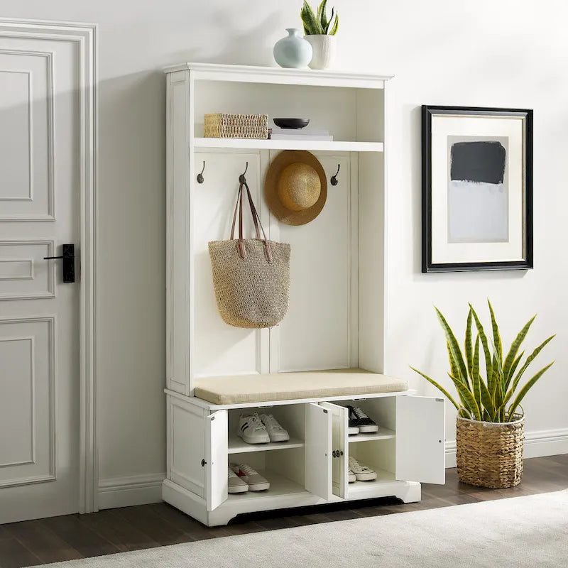 Hall Tree with Bench, 4 Hooks, 2 Storage Cabinets and Open Shelf