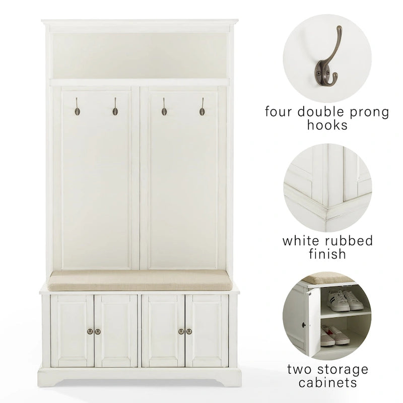 Hall Tree with Bench, 4 Hooks, 2 Storage Cabinets and Open Shelf