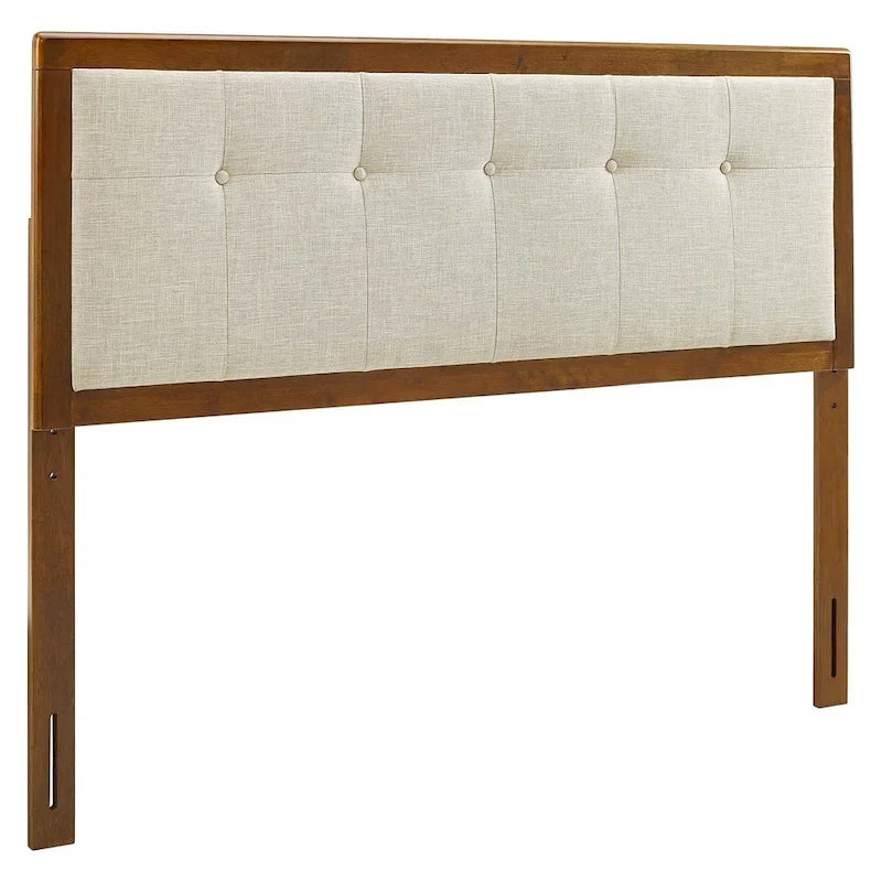 Beige Fabric Button Tufted Queen Headboard with Adjustable Height and Wood Legs