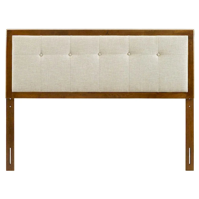 Beige Fabric Button Tufted Queen Headboard with Adjustable Height and Wood Legs
