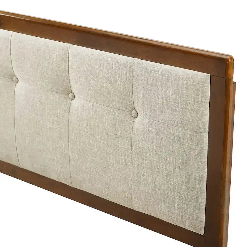 Beige Fabric Button Tufted Queen Headboard with Adjustable Height and Wood Legs
