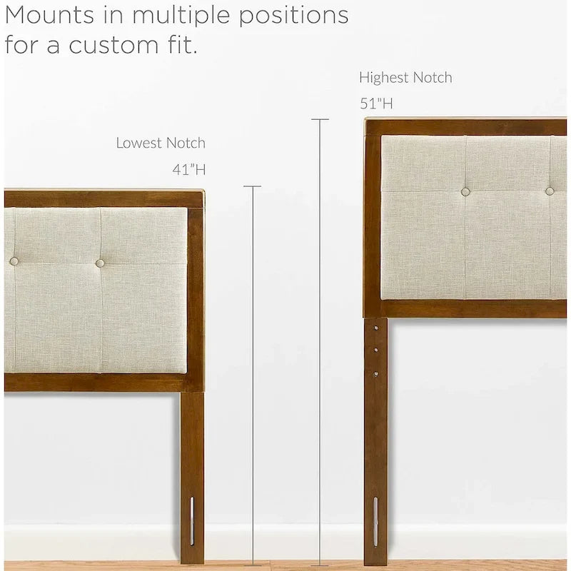 Beige Fabric Button Tufted Queen Headboard with Adjustable Height and Wood Legs