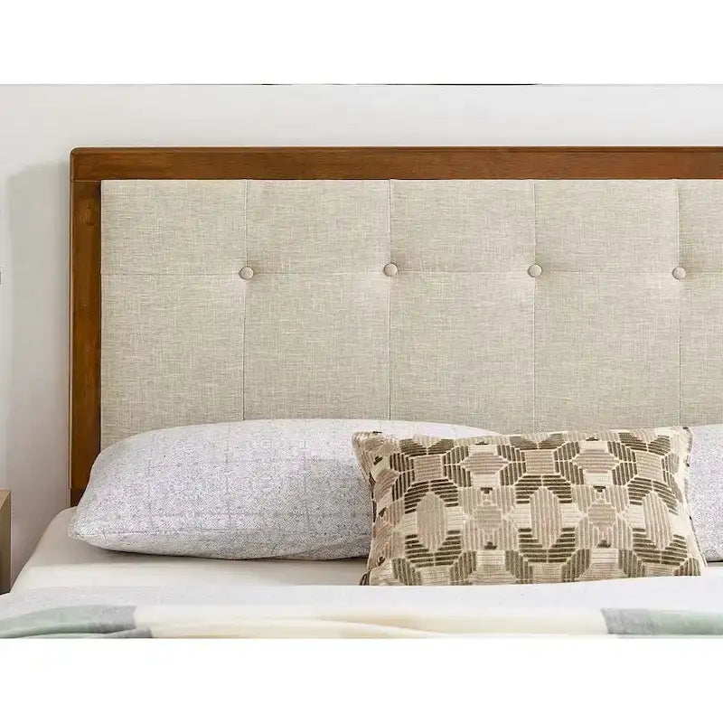 Beige Fabric Button Tufted Queen Headboard with Adjustable Height and Wood Legs
