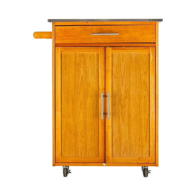 Sapele Rubberwood Portable Kitchen Cart with Stainless Steel Top