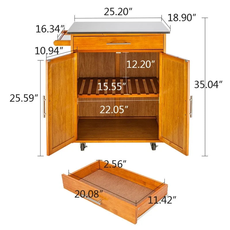 Portable Kitchen Cart with Stainless Steel Top, Drawer and Cabinet