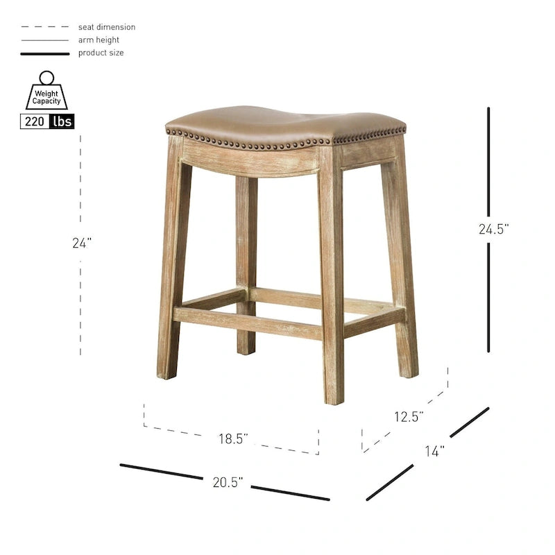 Bonded Leather Counter Stool with Solid Rubber Wood Frame, 24-Inch Seat Height
