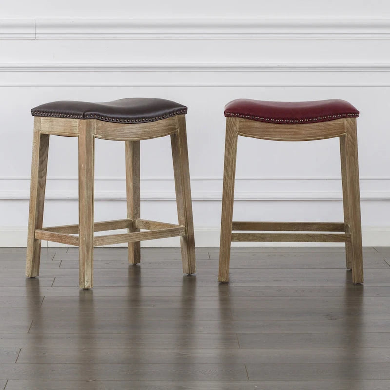 Bonded Leather Counter Stool with Solid Rubber Wood Frame, 24-Inch Seat Height