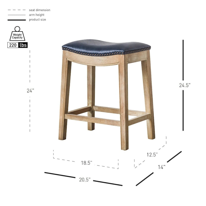 Bonded Leather Counter Stool with Solid Rubber Wood Frame, 24-Inch Seat Height