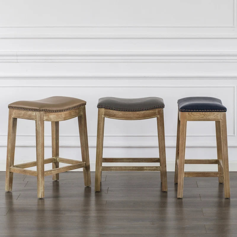 Bonded Leather Counter Stool with Solid Rubber Wood Frame, 24-Inch Seat Height
