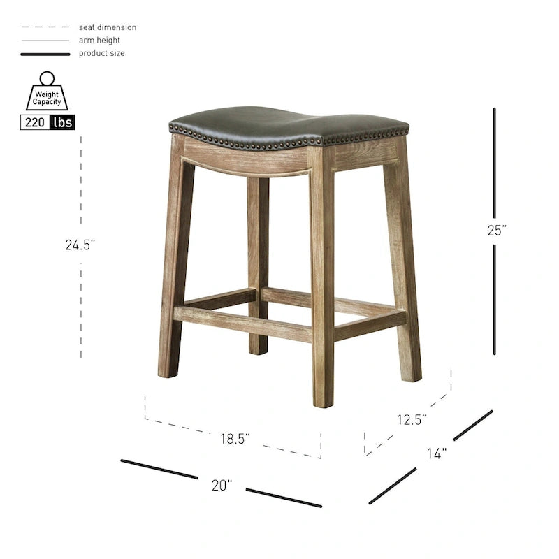 Bonded Leather Counter Stool with Solid Rubber Wood Frame, 24-Inch Seat Height