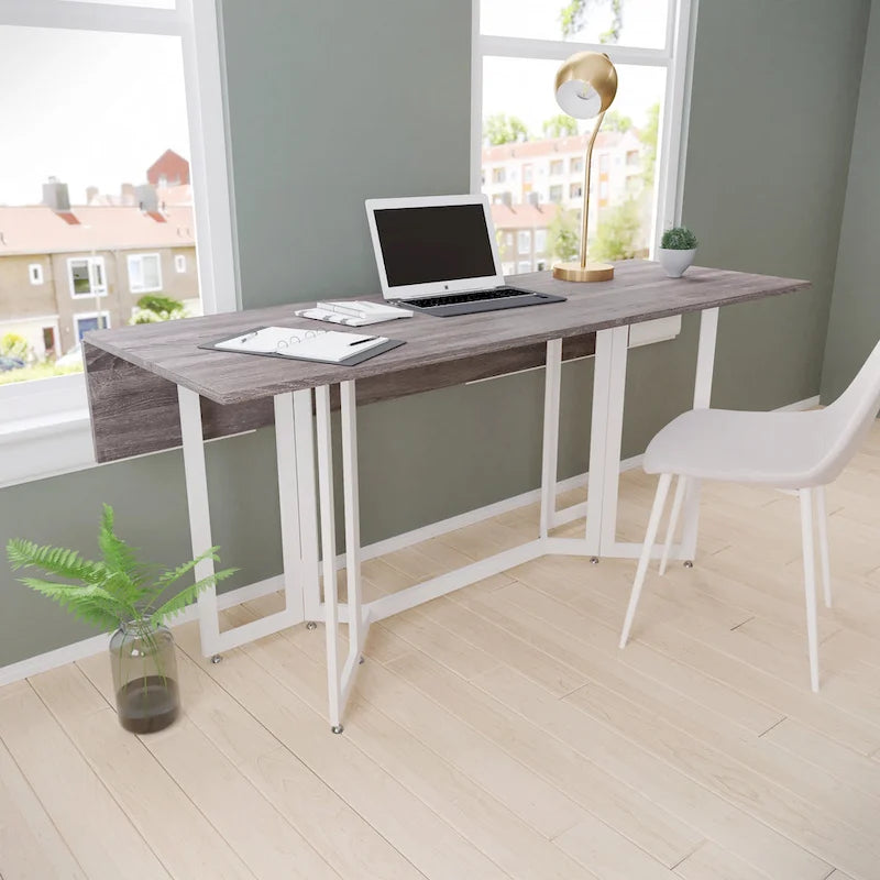 Drop Leaf Dining Table with Weathered Gray Top and White Metal Legs