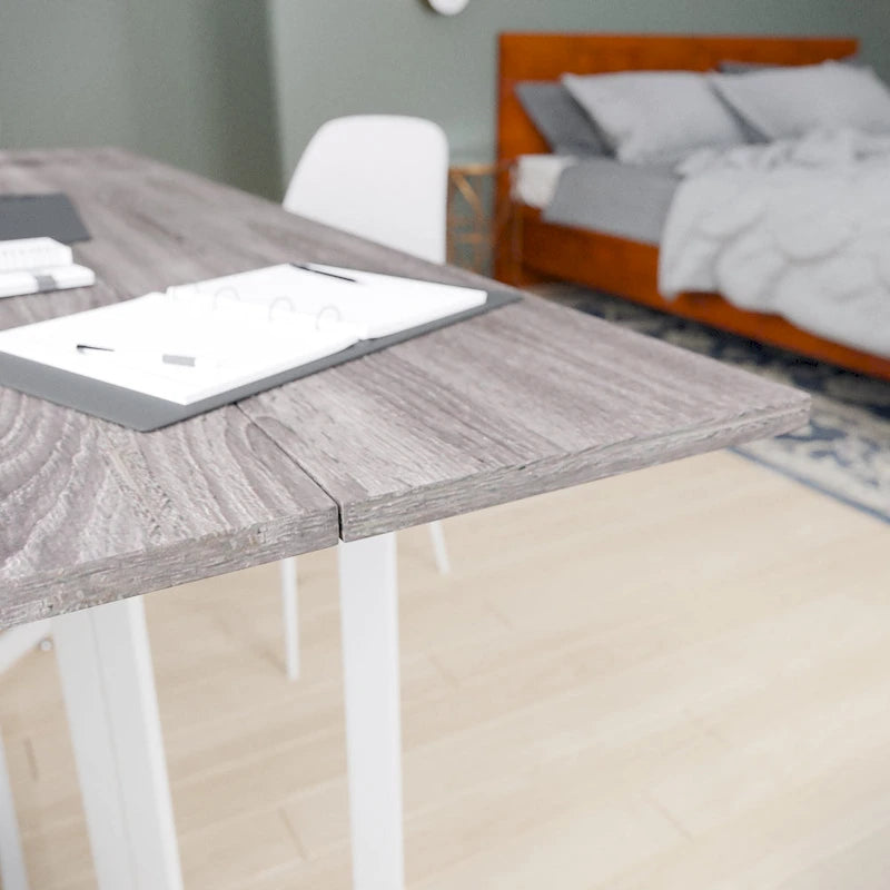 Drop Leaf Dining Table with Weathered Gray Top and White Metal Legs