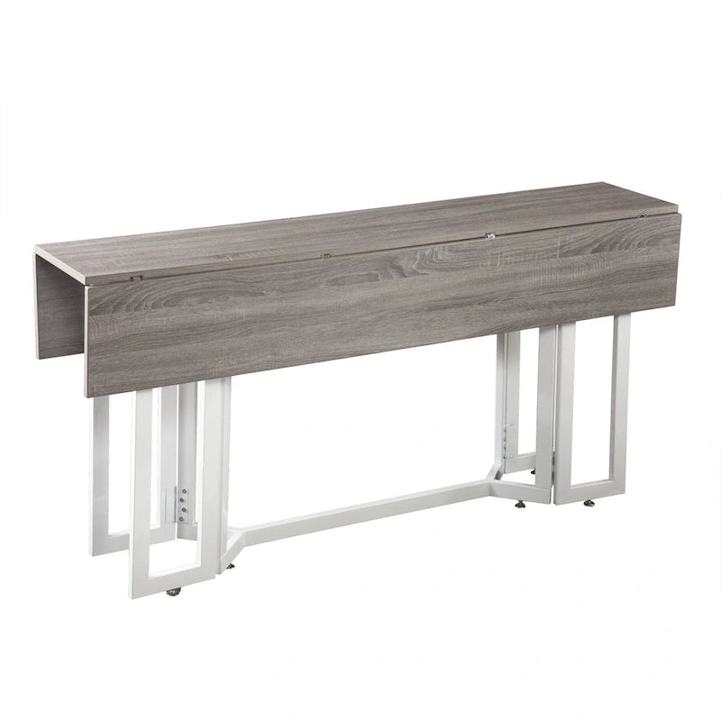 Drop Leaf Dining Table with Weathered Gray Top and White Metal Legs