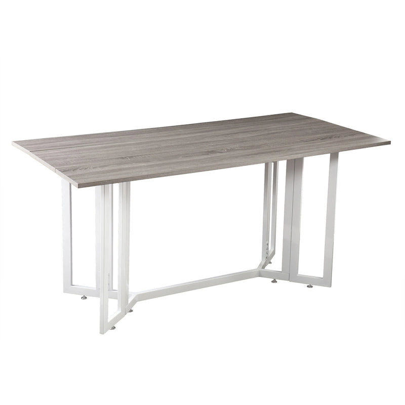 Drop Leaf Dining Table with Weathered Gray Top and White Metal Legs
