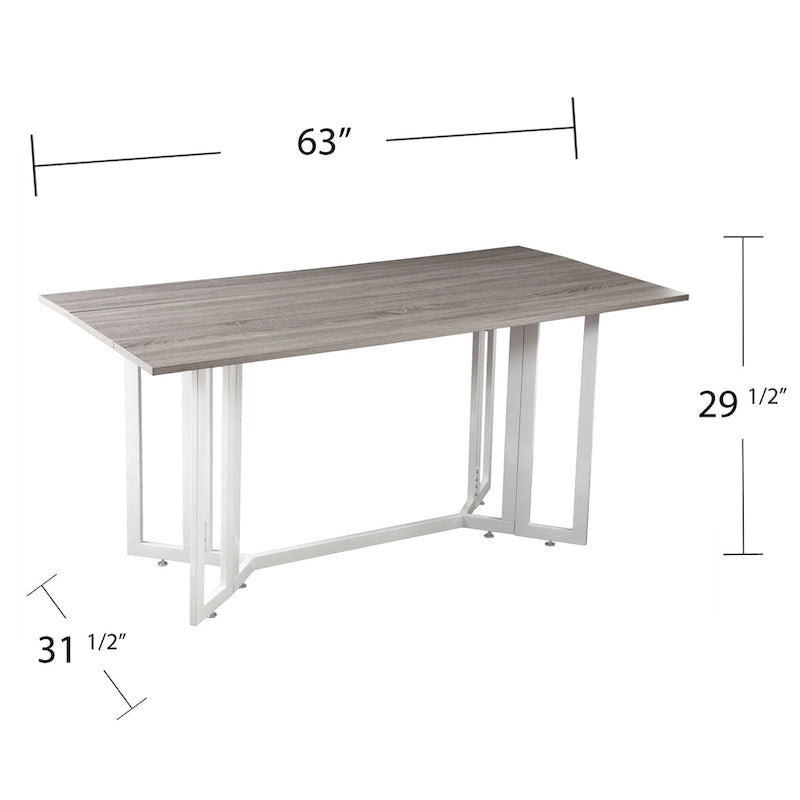 Drop Leaf Dining Table with Weathered Gray Top and White Metal Legs