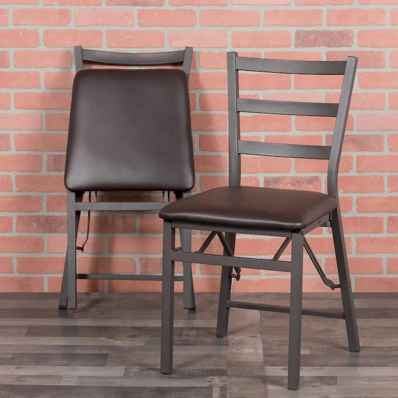 Folding Ladder Back Metal Dining Chair with Padded Vinyl Seat, Set of 2