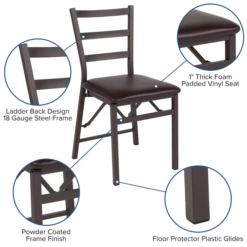 Folding Ladder Back Metal Dining Chair with Padded Vinyl Seat, Set of 2