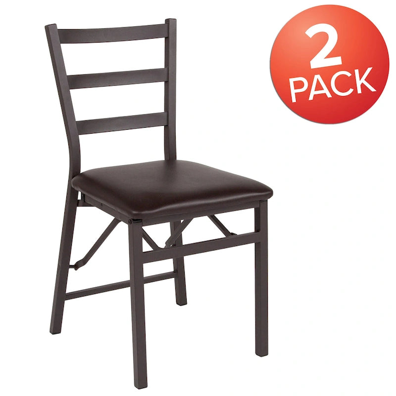 Folding Ladder Back Metal Dining Chair with Padded Vinyl Seat, Set of 2